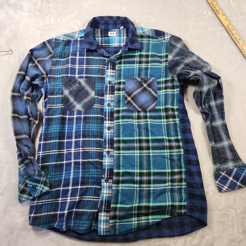 Uniqlo Button Up Shirt Mens XL Blue Long Sleeve Flannel Plaid Cotton Collared
